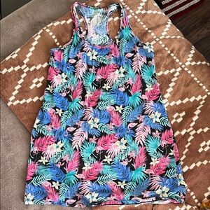 Tropical Leaf Racerback Tank Dress - Black with Pink, Teal & Blue Leaves
